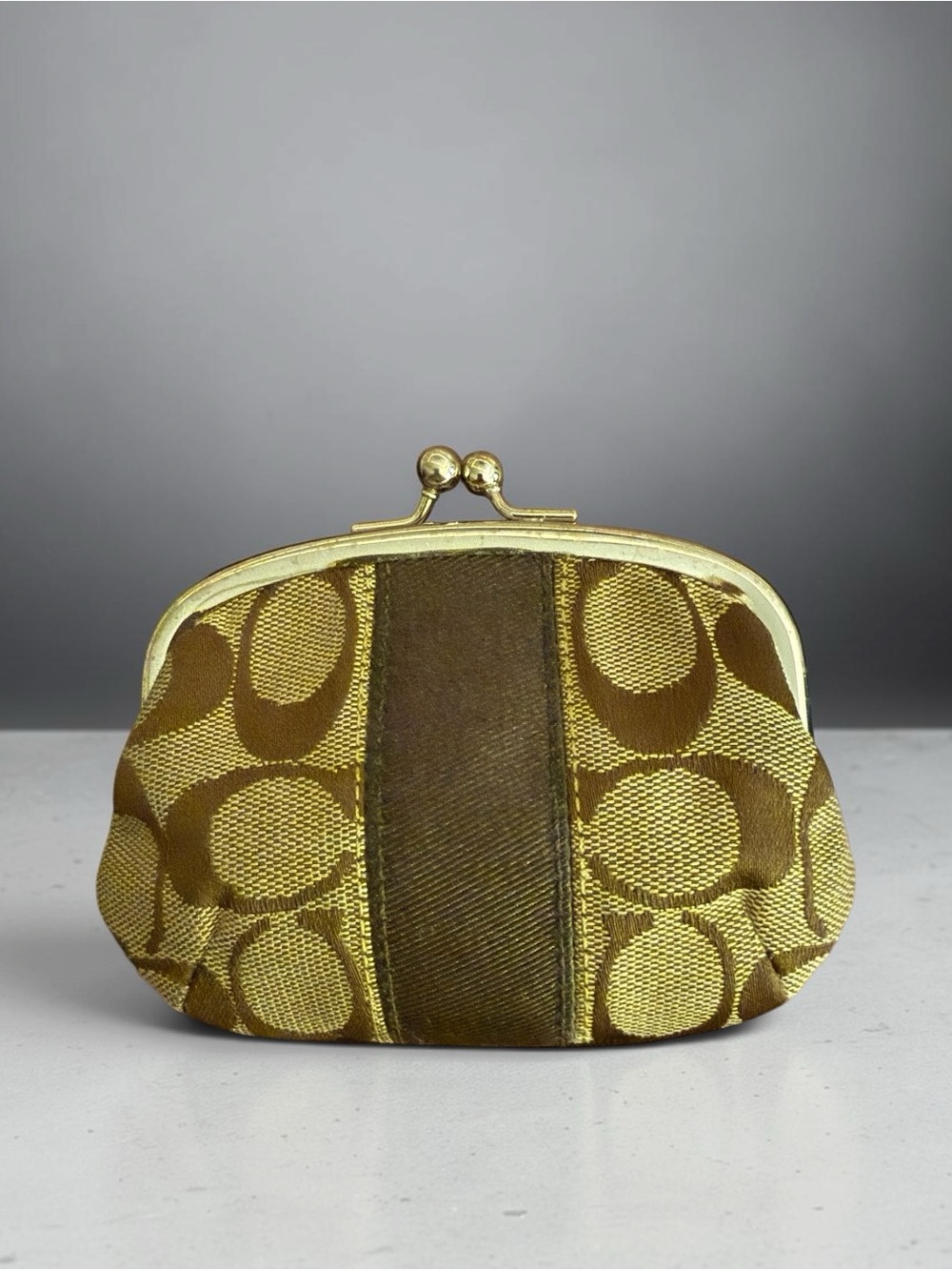 vintage Coach Signature Kiss-Lock Coin Purse featuring brown monogram jacquard